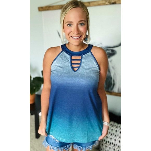 Shirley & Stone Ombre' Keyhole Tank Top, Blue - Picture 4 of 4